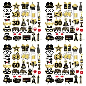Black Gold Birthday Party Photo Booth Props Handheld Celebration Decorations Anniversary Photography Accessories Set
