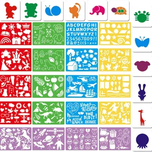 Set di 32 Stencil da Disegno in Plastica per Bambini Modelli di Pittura Educativi Lavabili per Animali Frutti Oceano Dinosauri Forniture Artistiche