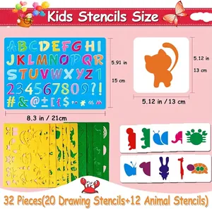 Set completo di stencil da disegno per bambini con 32 modelli di animali e alfabeto con misure