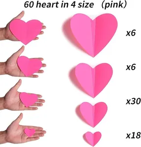Vista dettagliata di 60 adesivi da parete a cuore 3D rosa in quattro dimensioni