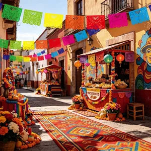 Scène de fête mexicaine vibrante avec bannières papel picado colorées et décorations