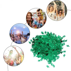 Detailed view of green PVC cactus-shaped confetti for Mexican theme party decor