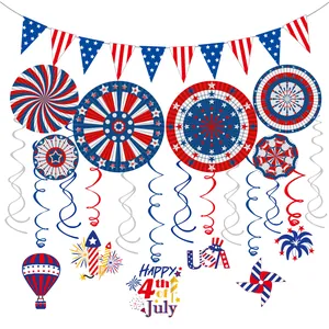 Complete Independence Day party decorations set featuring paper fans, bunting and spirals