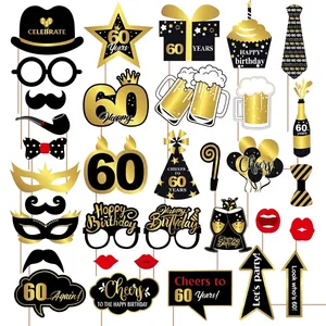 34pcs 60th birthday photo booth props set in elegant black and gold designs