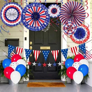 Independence Day decoration set with paper fans, bunting, and balloons