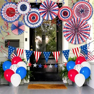 Independence Day decoration set with paper fans, banners and balloons on porch