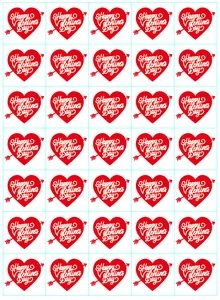 Detailed sheet showing thirty red heart stickers for Valentine's Day party bingo games