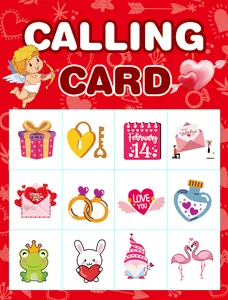 Detail view of Valentine's Bingo calling card with 12 colorful festive cartoon icons.