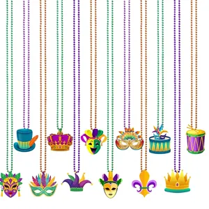 Ensemble de Colliers de Fête Mardi Gras Collier de Perles Électroplaquées Multicolores Avec Pendentifs en Feutre Masque Couronne Fleur de Lys Bijoux