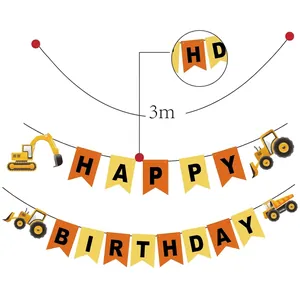 Detail view of 3m cartoon construction vehicle birthday banner with excavator and truck
