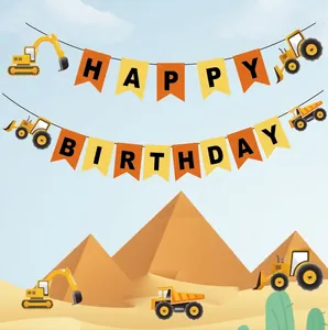Construction vehicle themed Happy Birthday banner with excavator and truck designs