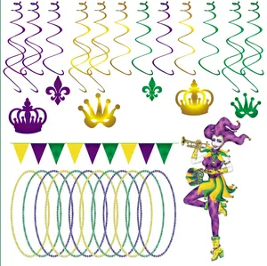 Vue détaillée du kit de décoration de fête Mardi Gras avec spirales et couronnes.