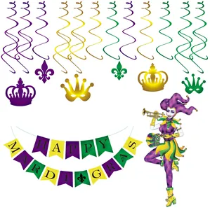 Vue détaillée des articles de fête Mardi Gras incluant tourbillons en PVC et fanions