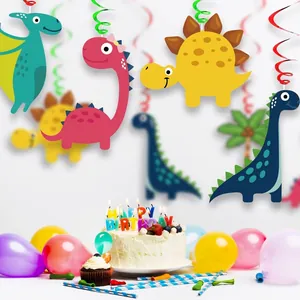 Detailansicht der bunten Dinosaurier-Spiral-Hängedekorationen für Kindergeburtstage