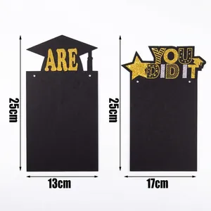 Detailed dimensions of graduation party photo banner featuring gold glitter 'YOU DID IT' text.