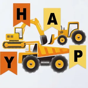Detail of construction vehicle birthday banner with HAPPY flags and trucks