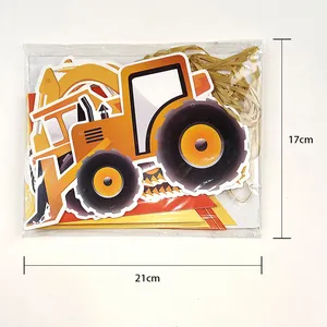 Detailed view of construction vehicle party banner package dimensions 21x17cm size