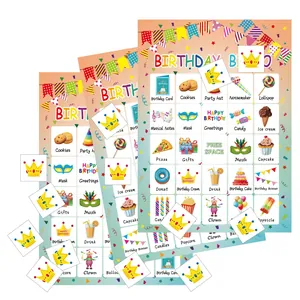 Kleurrijke verjaardagsfeestje bingo spelkaarten voor kids met kroonvormige fiches