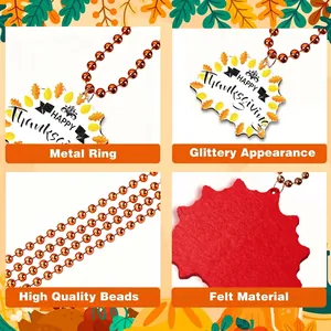 Detail views of Thanksgiving maple leaf bead necklace with felt material and orange beads.