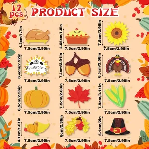 Detailed size guide for Thanksgiving glitter ornaments including pumpkin and maple leaf
