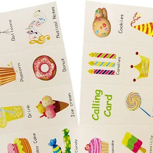 Verjaardagsfeestje bingo spelkaarten met kleurrijke illustraties en Engelse labels.