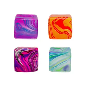 Four colorful marble pattern square squishy toys for stress relief and sensory play.