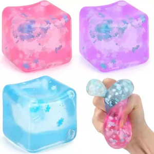 Close-up of slow rebound squishy ice cube toy with snowflake glitter