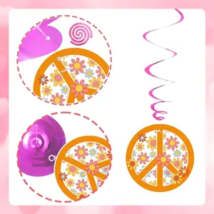 Λεπτομέρεια του σήματος ειρήνης χίπις διπλής όψης με μαργαρίτες και ροζ σπείρες.