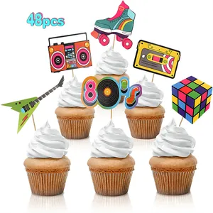 Set of 48 retro 80s theme cupcake toppers with boombox and roller skate designs