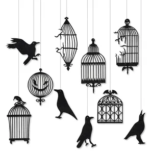 Halloween Party Black Hollow Birdcage Crow Hanging Decorations Glitter Paper Ornaments Gothic Scene Layout Home Decor