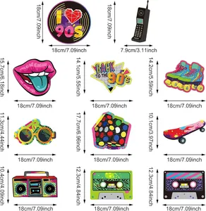 Detailed size chart for 90s retro party decorations and cake toppers showing measurements.