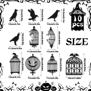 Detailed size chart for 10pcs Halloween black raven and birdcage hanging decorations