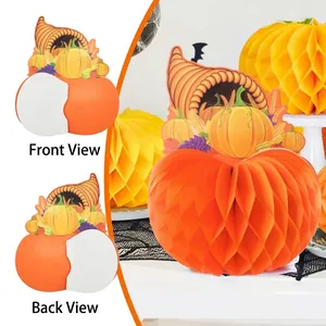Detailed view of Thanksgiving honeycomb pumpkin decoration with front and back layout.