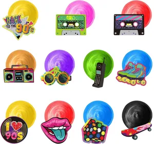 Set of 80s and 90s retro themed party decorations with colorful vinyl and cassette designs