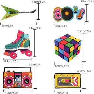 Detailed dimensions for 80s retro party cake toppers set featuring guitar and cassette