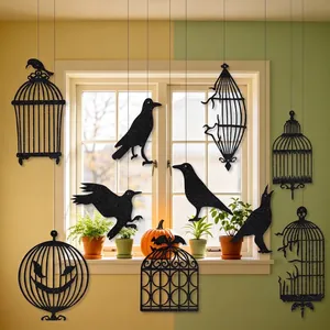 Set of black glitter raven and birdcage hanging decorations for Halloween party scene