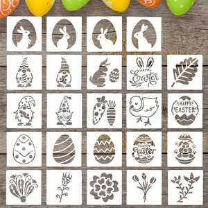 Lot détaillé de 24 pochoirs de Pâques avec motifs de lapins, œufs et gnomes créatifs