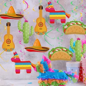 Bunte mexikanische Fiesta-Party Wirbelhänger mit Kaktus, Taco und Gitarre Pappkarton-Ausschnitten