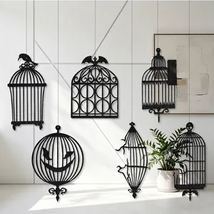 Set of 6 black glitter birdcage silhouettes with crow and pumpkin motifs for Halloween