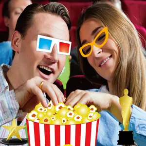 Hollywood movie party photo booth props with popcorn and 3D glasses paper cutouts