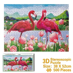 Vue détaillée de haute qualité du puzzle de 500 pièces flamant rose avec boîte, 38x52 cm.