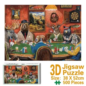 Vue détaillée du puzzle de 500 pièces d'animaux de la forêt jouant au poker avec boîte