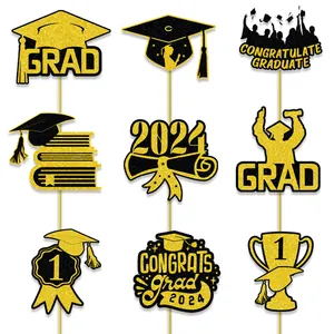 Set de 9 accesorios para fotos de graduación con purpurina dorada y gorros del 2024