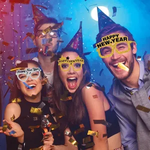 Happy New Year party glasses photo props worn by people in festive scene