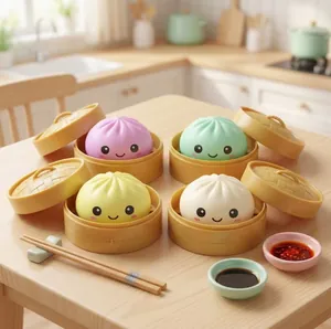 Simpatici giocattoli squishy colorati a forma di bao con mini cestini per la cottura