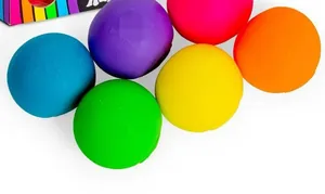 Detailed view of six colorful matte stress balls in vibrant rainbow shades on white background