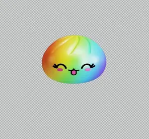 Close-up of rainbow gradient squishy bun toy with a cute smiling face expression