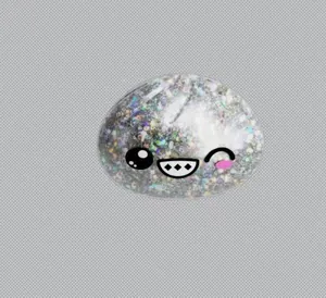 Macro view of a cute glitter-filled squishy toy featuring a winking cartoon face detail