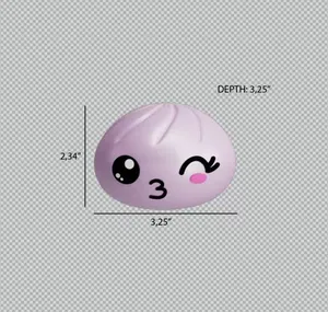 Detailed size measurements of a cute purple bun squishy toy with a winking face