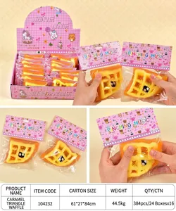 Detail view of waffle-shaped squishy toy in colorful pinching music retail pack